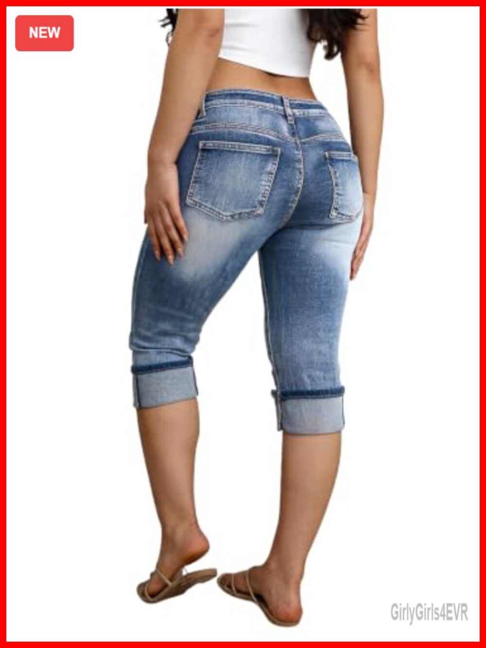 Mid Rise Capri Crop Denim Jeans for Women with Pockets and Raw Hem